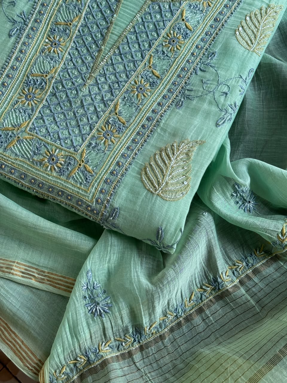 Aqua Green Shade Chanderi Silk Mukaish Badla Unstitched Fabric