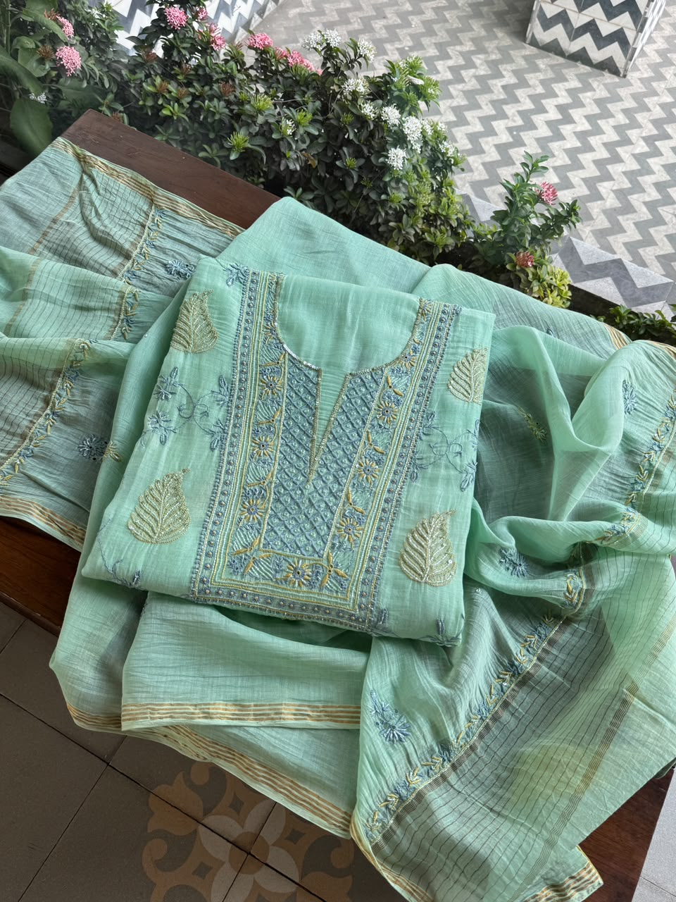 Aqua Green Shade Chanderi Silk Mukaish Badla Unstitched Fabric