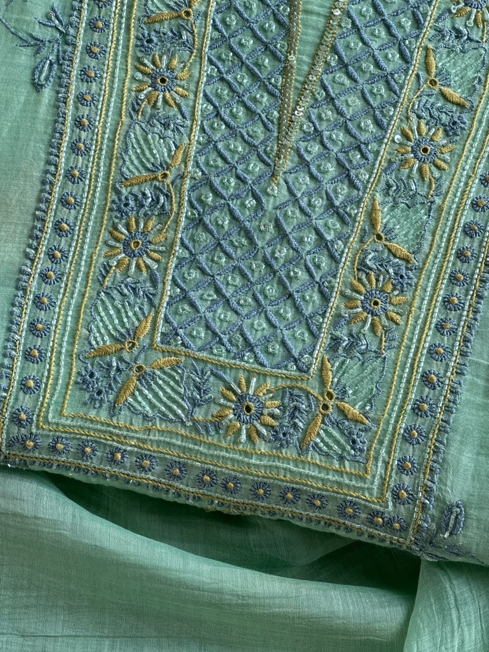 Aqua Green Shade Chanderi Silk Mukaish Badla Unstitched Fabric