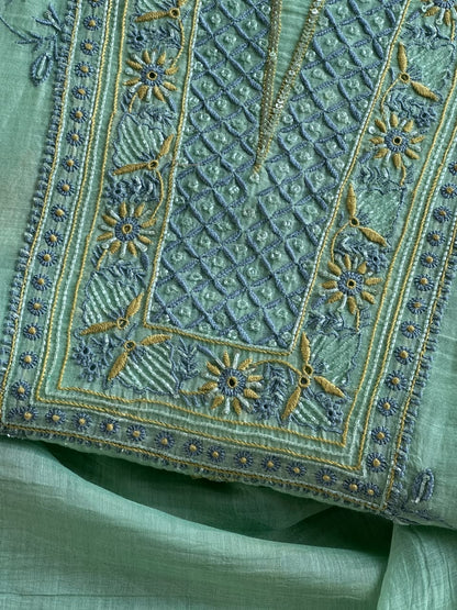 Aqua Green Shade Chanderi Silk Mukaish Badla Unstitched Fabric