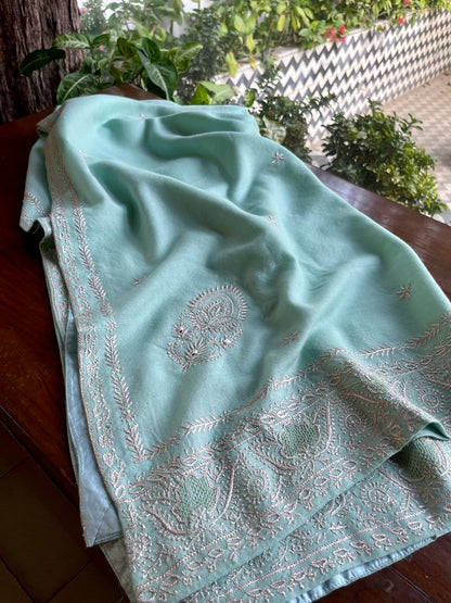 Aqua Blue Shade Saman Pashmina Resham Thread Chikankari Shawl