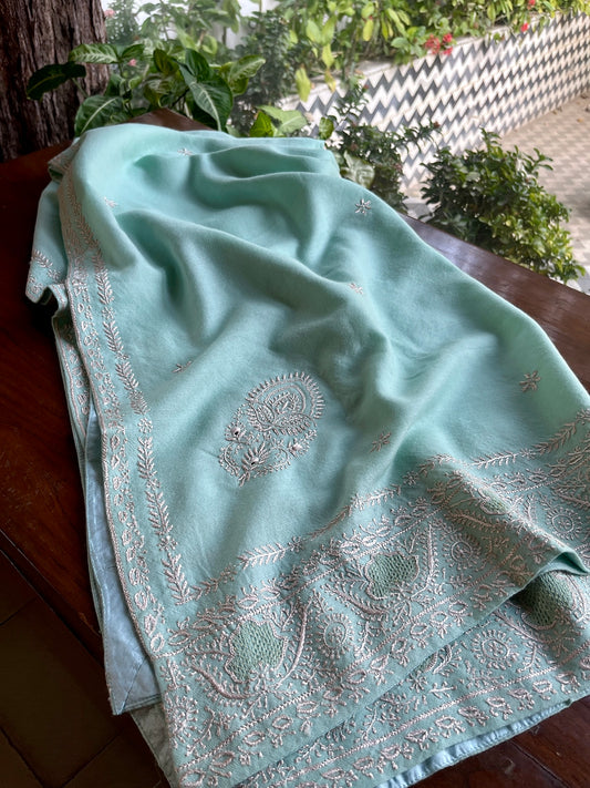 Aqua Blue Shade Saman Pashmina Resham Thread Chikankari Shawls