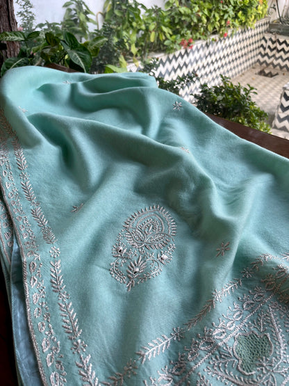 Aqua Blue Shade Saman Pashmina Resham Thread Chikankari Shawl