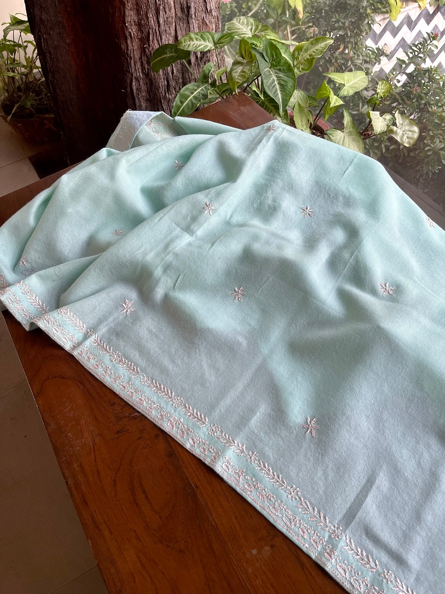 Aqua Blue Shade Saman Pashmina Resham Thread Chikankari Shawl