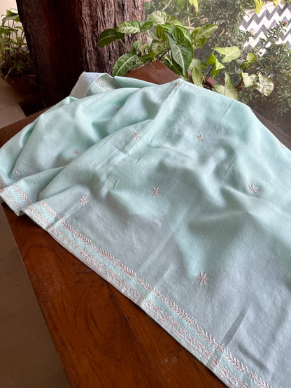 Aqua Blue Shade Saman Pashmina Resham Thread Chikankari Shawl