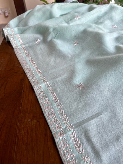 Aqua Blue Shade Saman Pashmina Resham Thread Chikankari Shawl