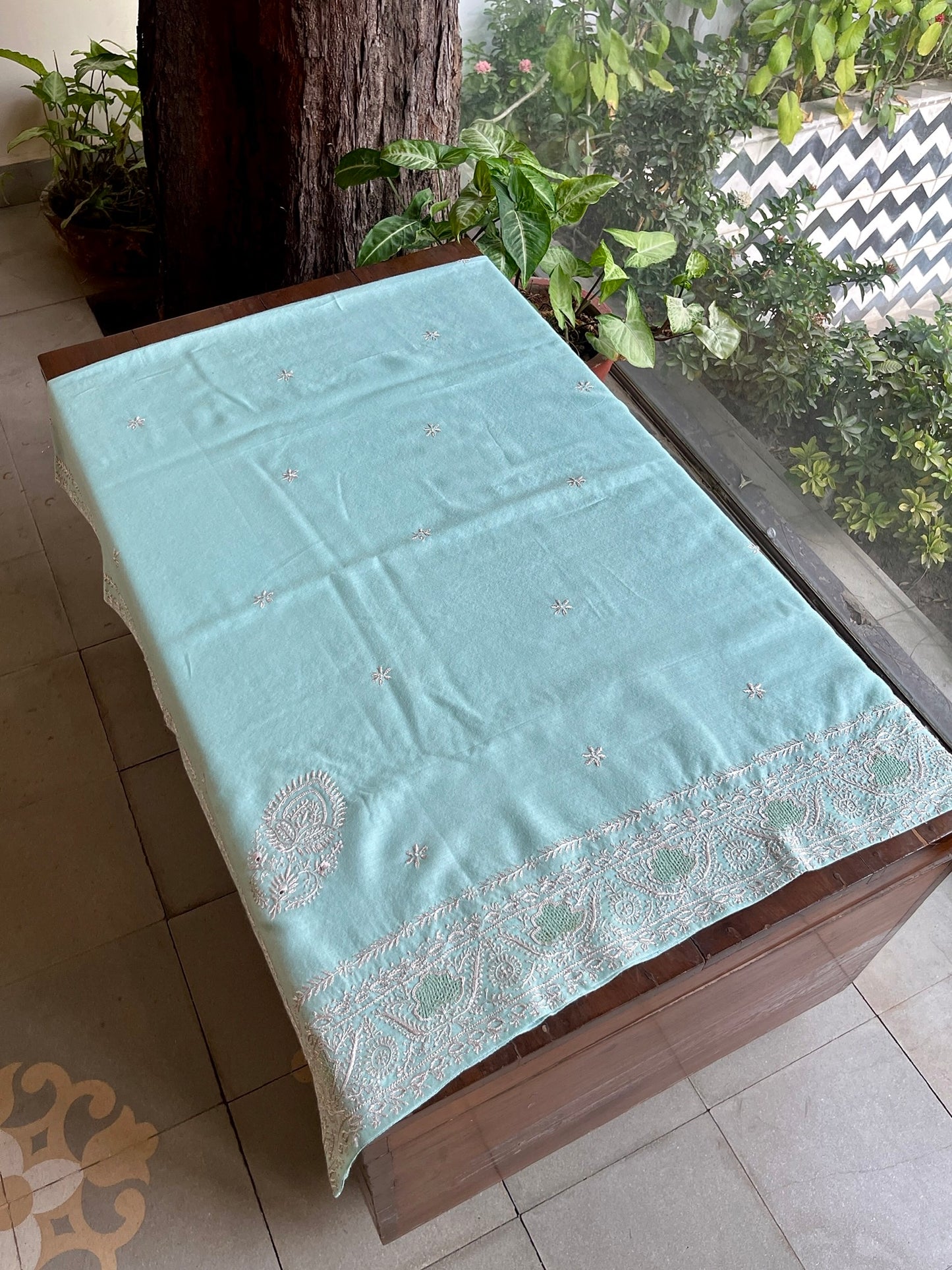 Aqua Blue Shade Saman Pashmina Resham Thread Chikankari Shawl