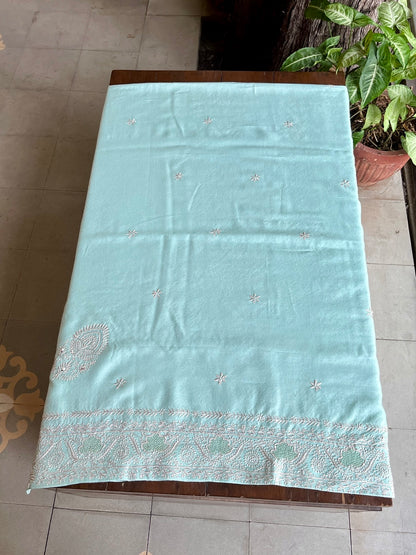 Aqua Blue Shade Saman Pashmina Resham Thread Chikankari Shawl