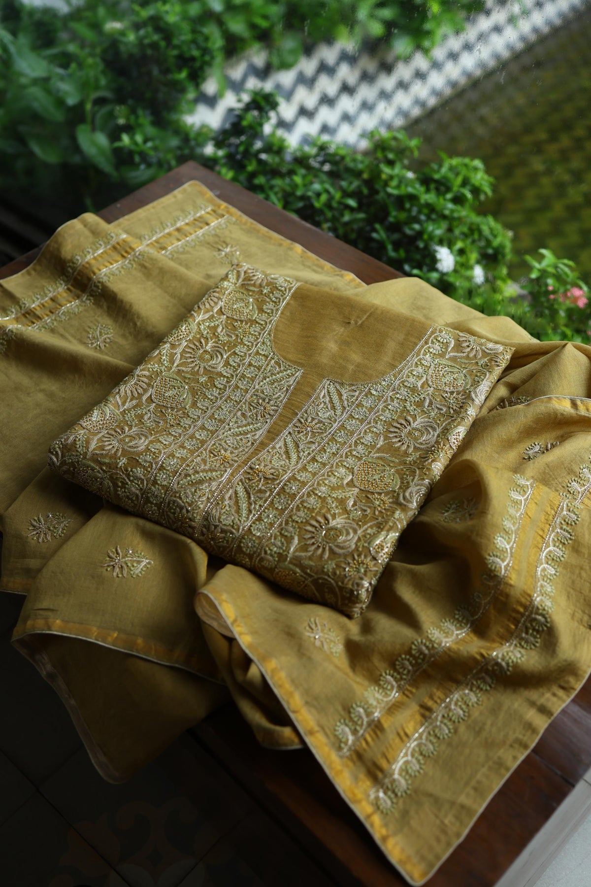 Army Green Shade Tissue Silk Chikankari Unstitched Fabric