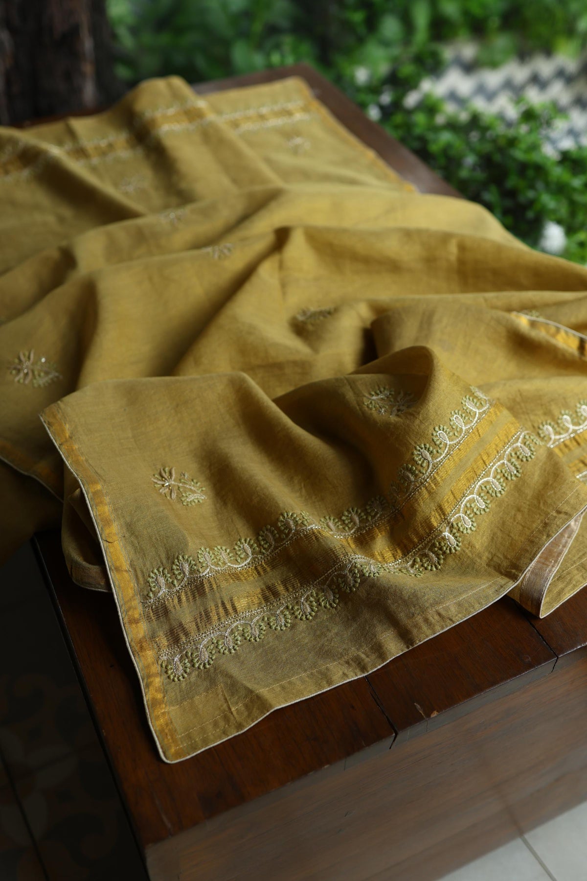 Army Green Shade Tissue Silk Chikankari Unstitched Fabric