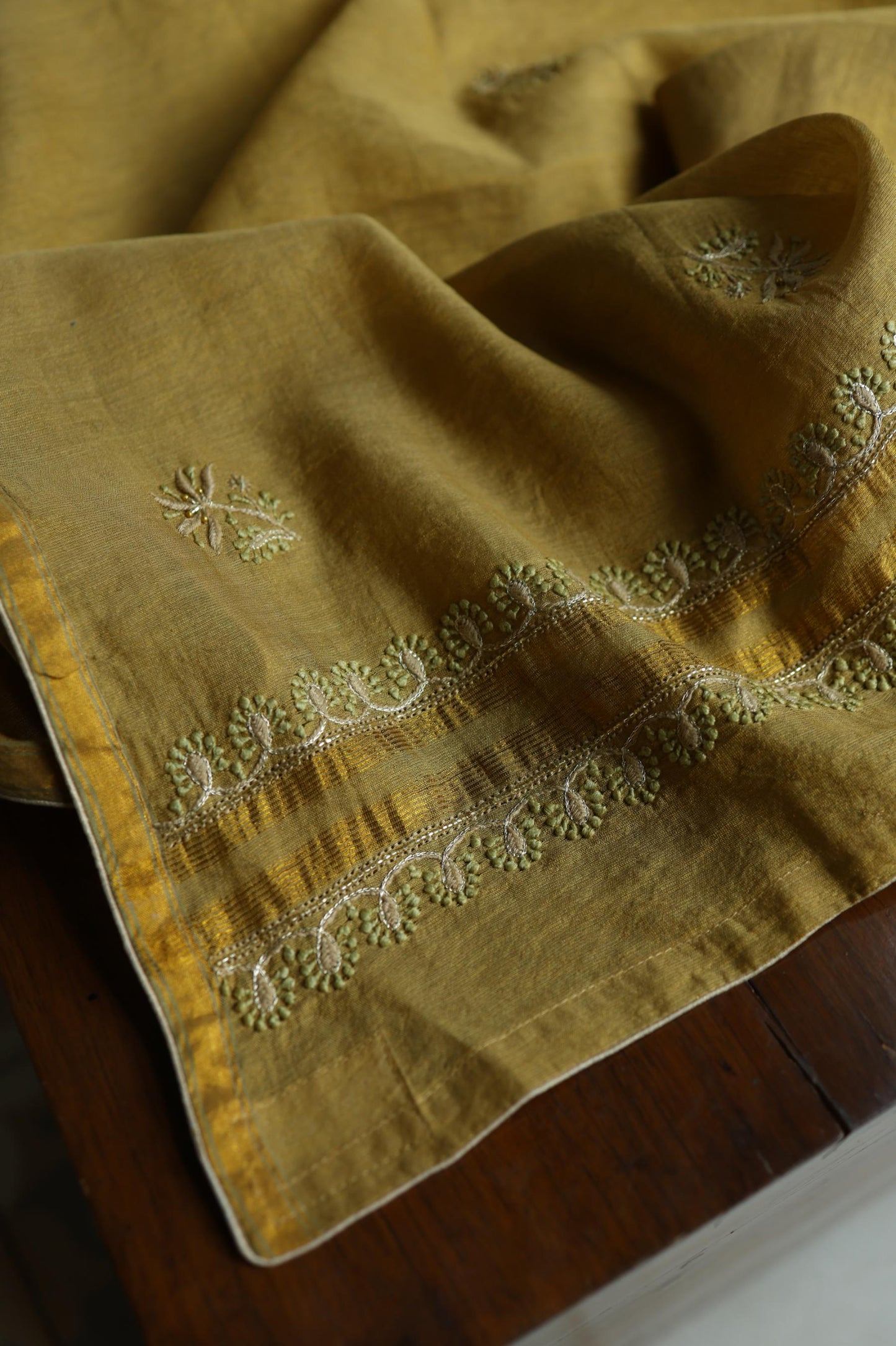 Army Green Shade Tissue Silk Chikankari Unstitched Fabric
