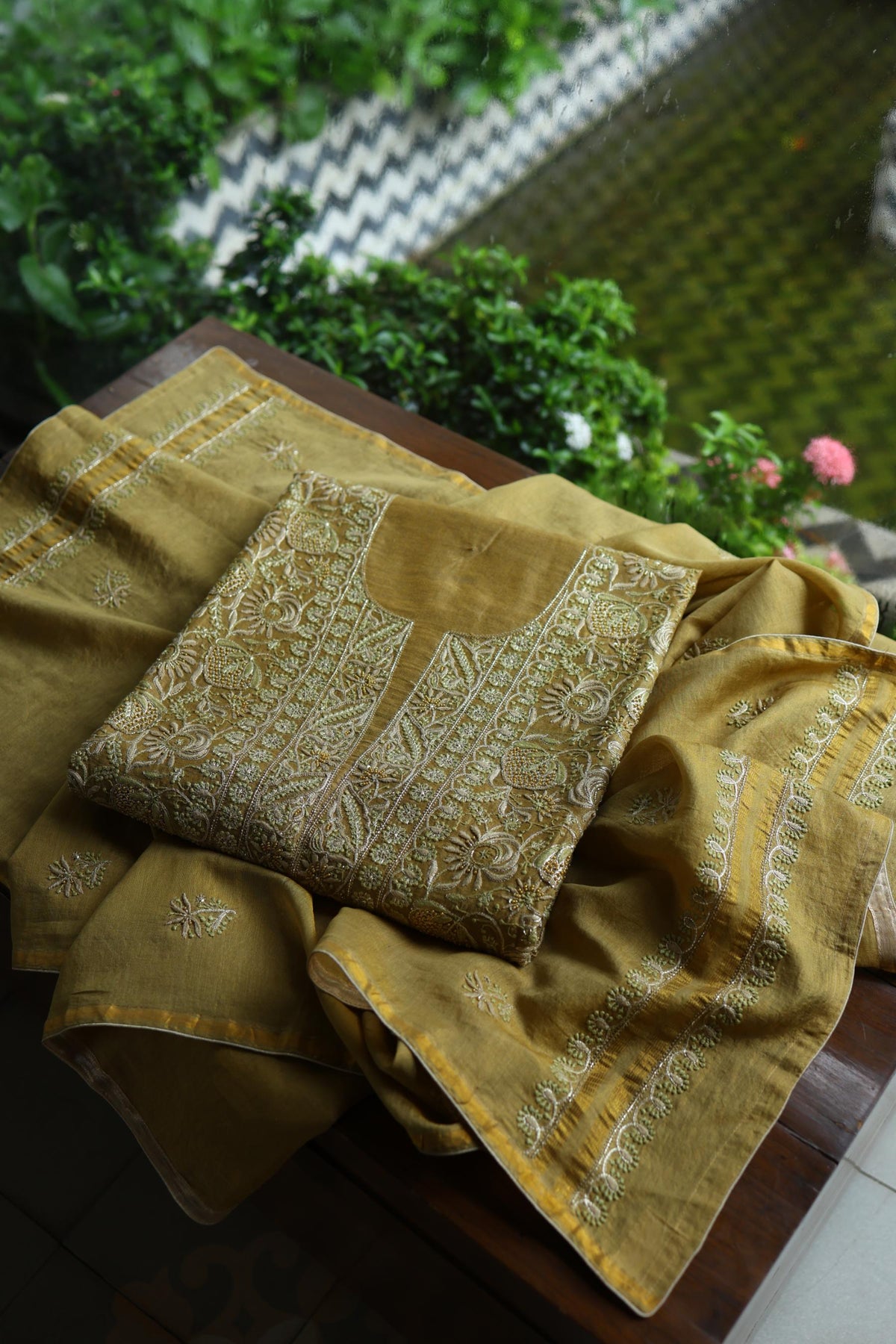 Army Green Shade Tissue Silk Chikankari Unstitched Fabric