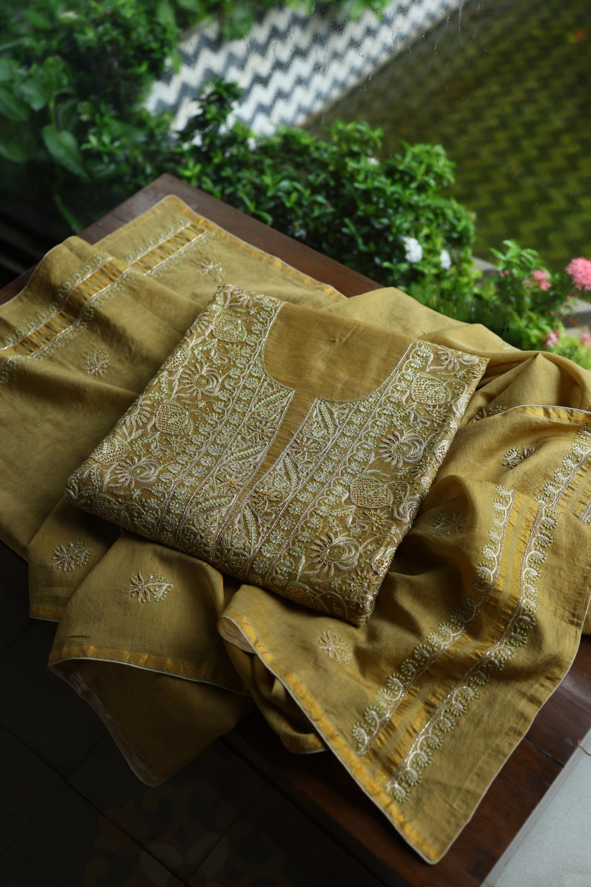 Army Green Shade Tissue Silk Chikankari Unstitched Fabric