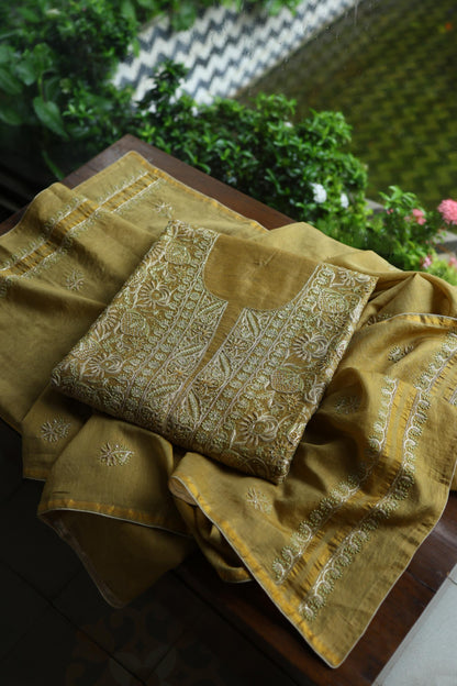 Army Green Shade Tissue Silk Chikankari Unstitched Fabric