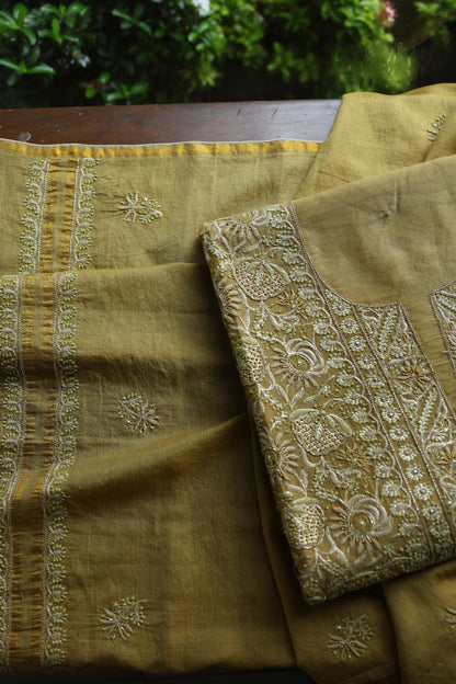 Army Green Shade Tissue Silk Chikankari Unstitched Fabric