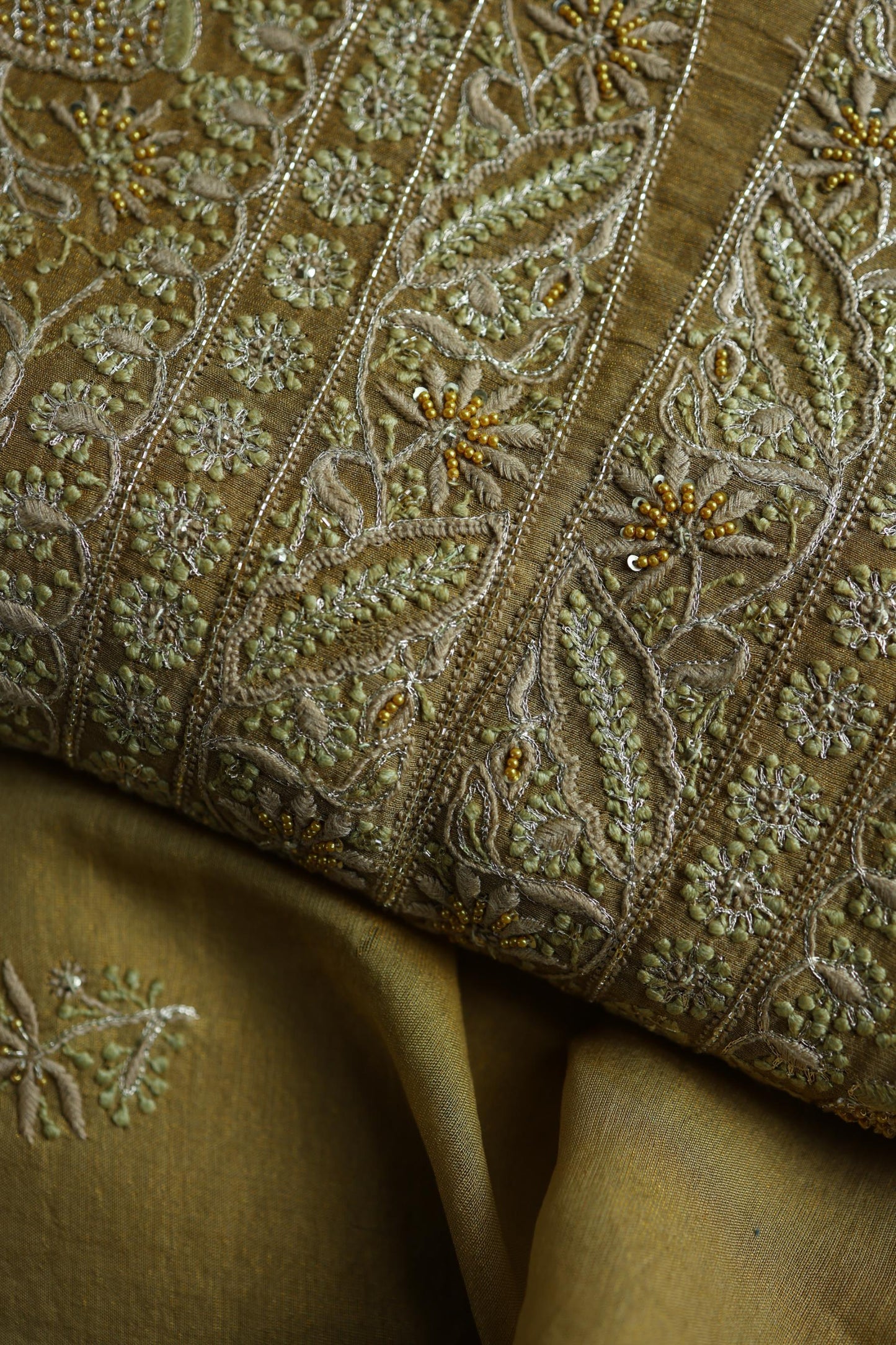 Army Green Shade Tissue Silk Chikankari Unstitched Fabric