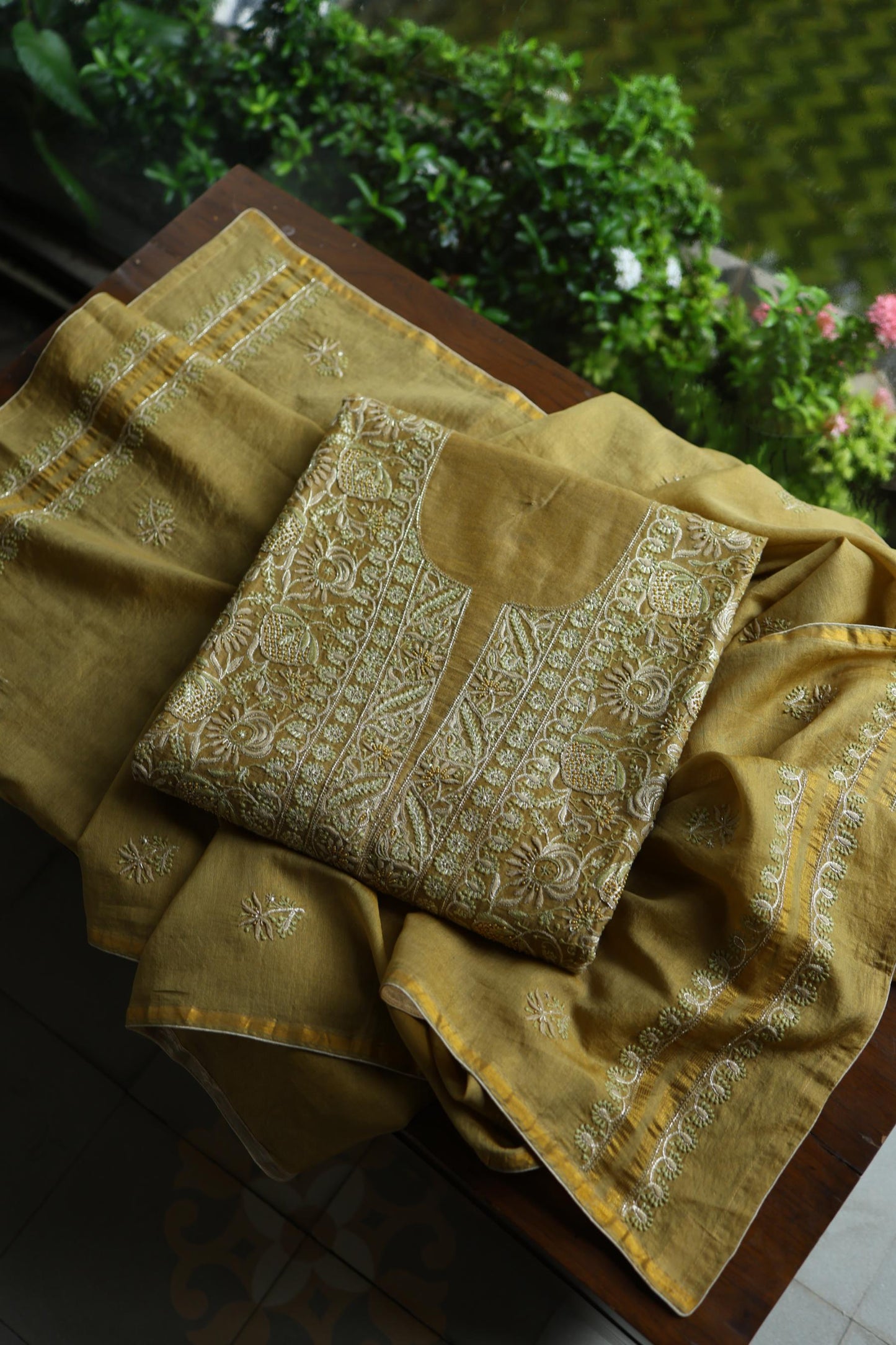 Army Green Shade Tissue Silk Chikankari Unstitched Fabric