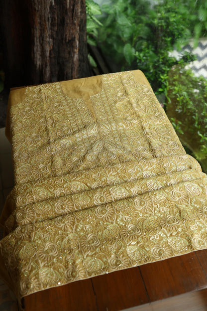 Army Green Shade Tissue Silk Chikankari Unstitched Fabric
