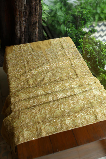 Army Green Shade Tissue Silk Chikankari Unstitched Fabric