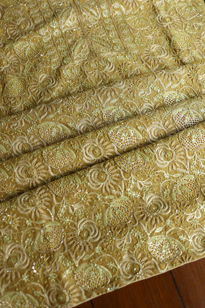 Army Green Shade Tissue Silk Chikankari Unstitched Fabric