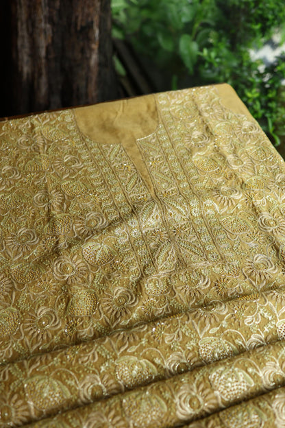 Army Green Shade Tissue Silk Chikankari Unstitched Fabric