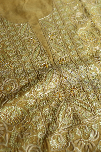 Army Green Shade Tissue Silk Chikankari Unstitched Fabric