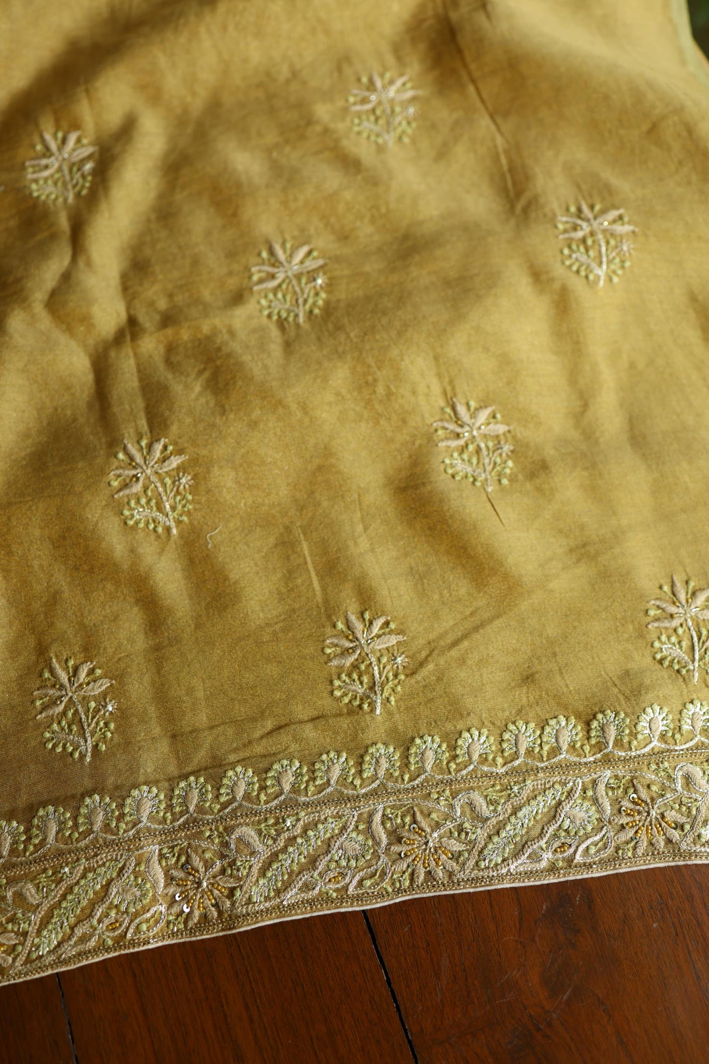 Army Green Shade Tissue Silk Chikankari Unstitched Fabric