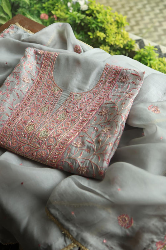 Ash Grey Shade Noor Organza Silk Chikankari Unstitched Kurta Dupatta Set