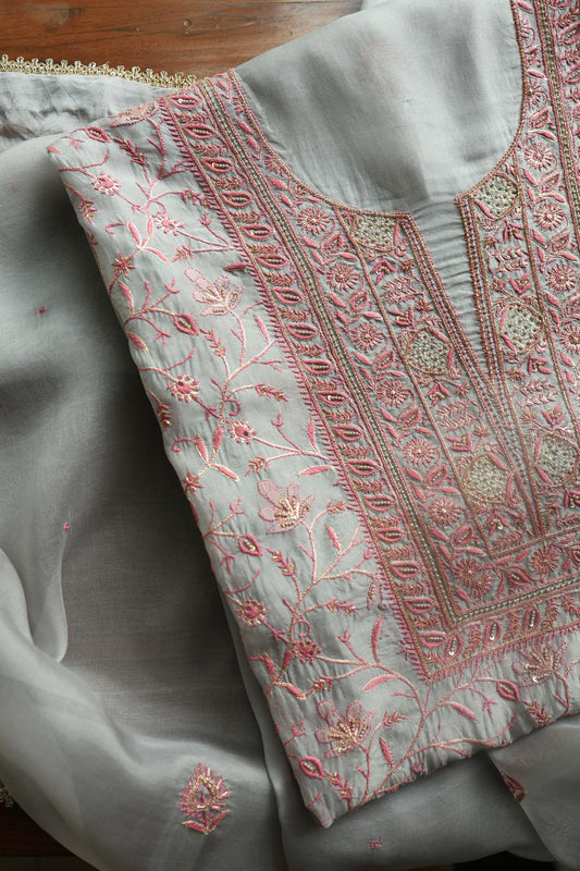 Ash Grey Shade Noor Organza Silk Chikankari Unstitched Kurta Dupatta Set