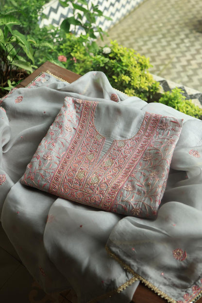 Ash Grey Shade Noor Organza Silk Chikankari Unstitched Kurta Dupatta Set