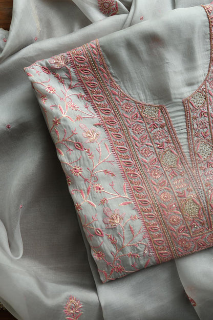 Ash Grey Shade Noor Organza Silk Chikankari Unstitched Kurta Dupatta Set