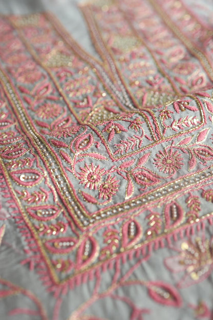 Ash Grey Shade Noor Organza Silk Chikankari Unstitched Kurta Dupatta Set