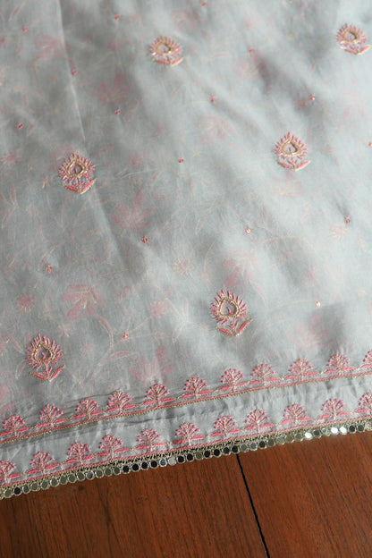 Ash Grey Shade Noor Organza Silk Chikankari Unstitched Kurta Dupatta Set