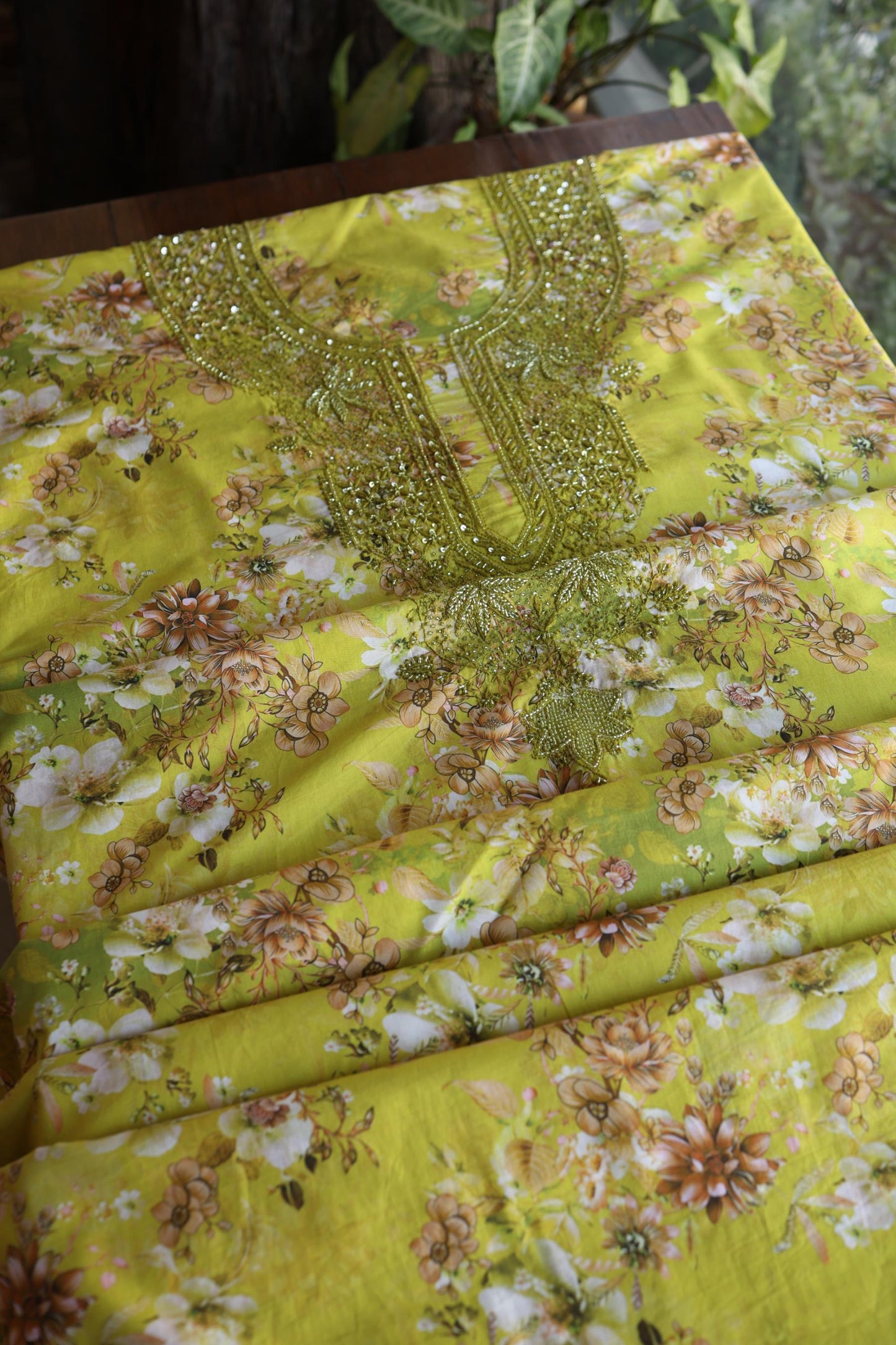 Avocado Green Floral Cotton Kurta Fabric with Chikankari & Sequin Work