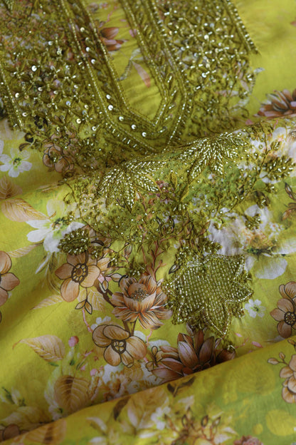 Avocado Green Floral Cotton Kurta Fabric with Chikankari & Sequin Work