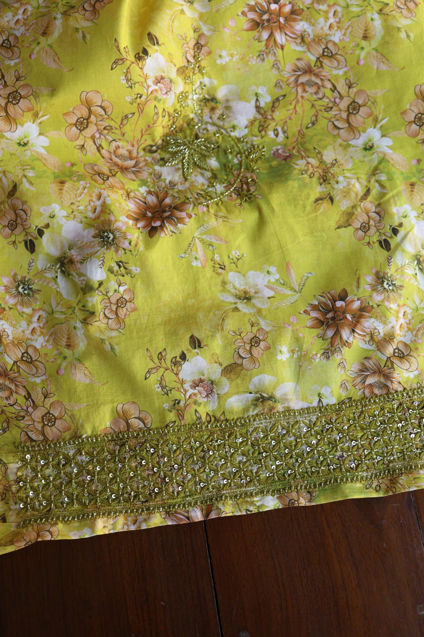Avocado Green Floral Cotton Kurta Fabric with Chikankari & Sequin Work