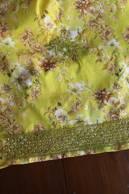 Avocado Green Floral Cotton Kurta Fabric with Chikankari & Sequin Work
