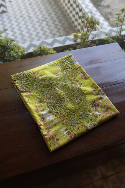 Avocado Green Floral Cotton Kurta Fabric with Chikankari & Sequin Work