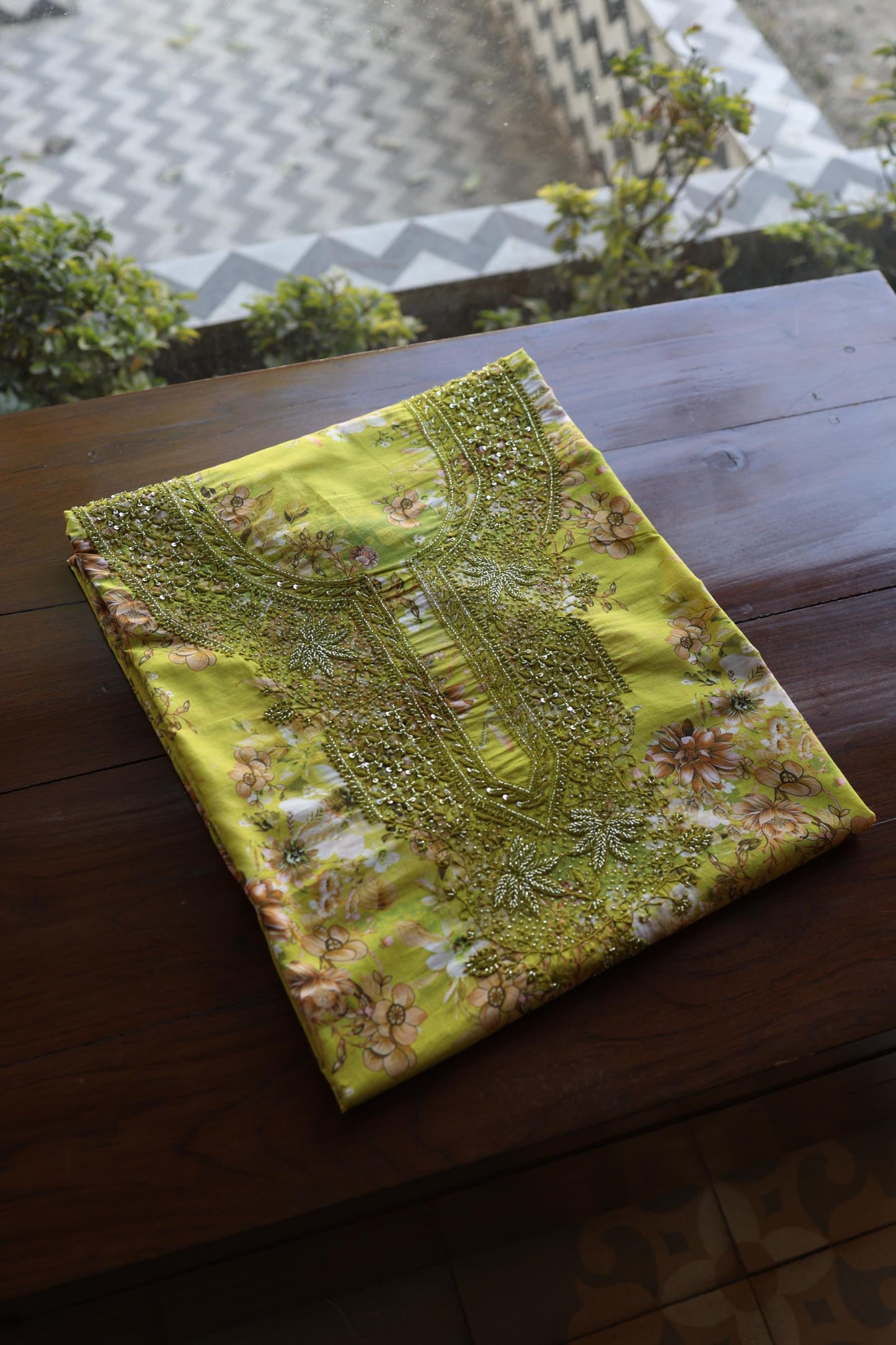 Avocado Green Floral Cotton Kurta Fabric with Chikankari & Sequin Work