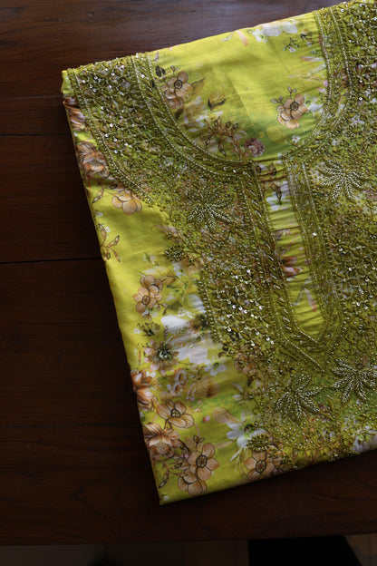 Avocado Green Floral Cotton Kurta Fabric with Chikankari & Sequin Work