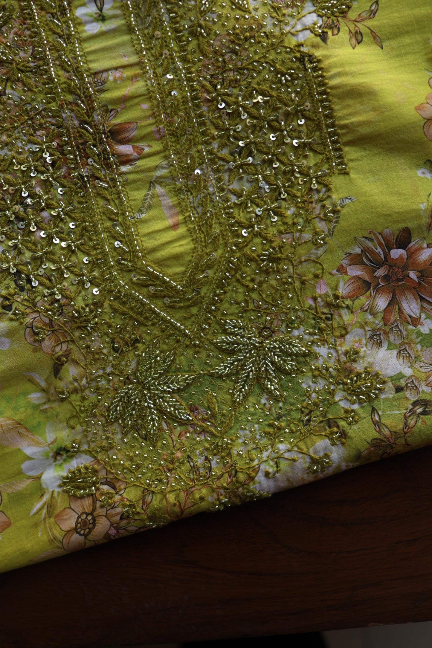Avocado Green Floral Cotton Kurta Fabric with Chikankari & Sequin Work