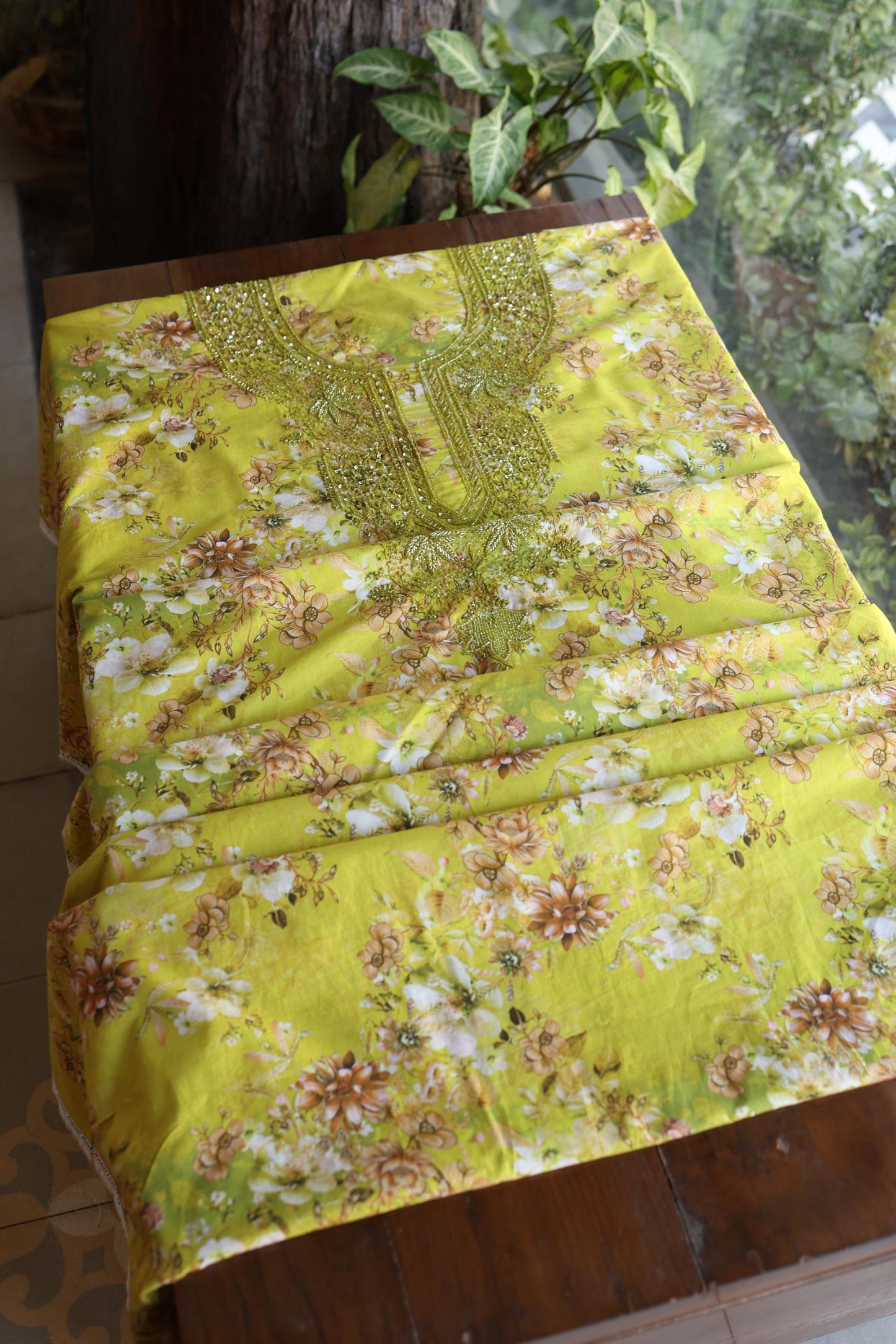 Avocado Green Floral Cotton Kurta Fabric with Chikankari & Sequin Work