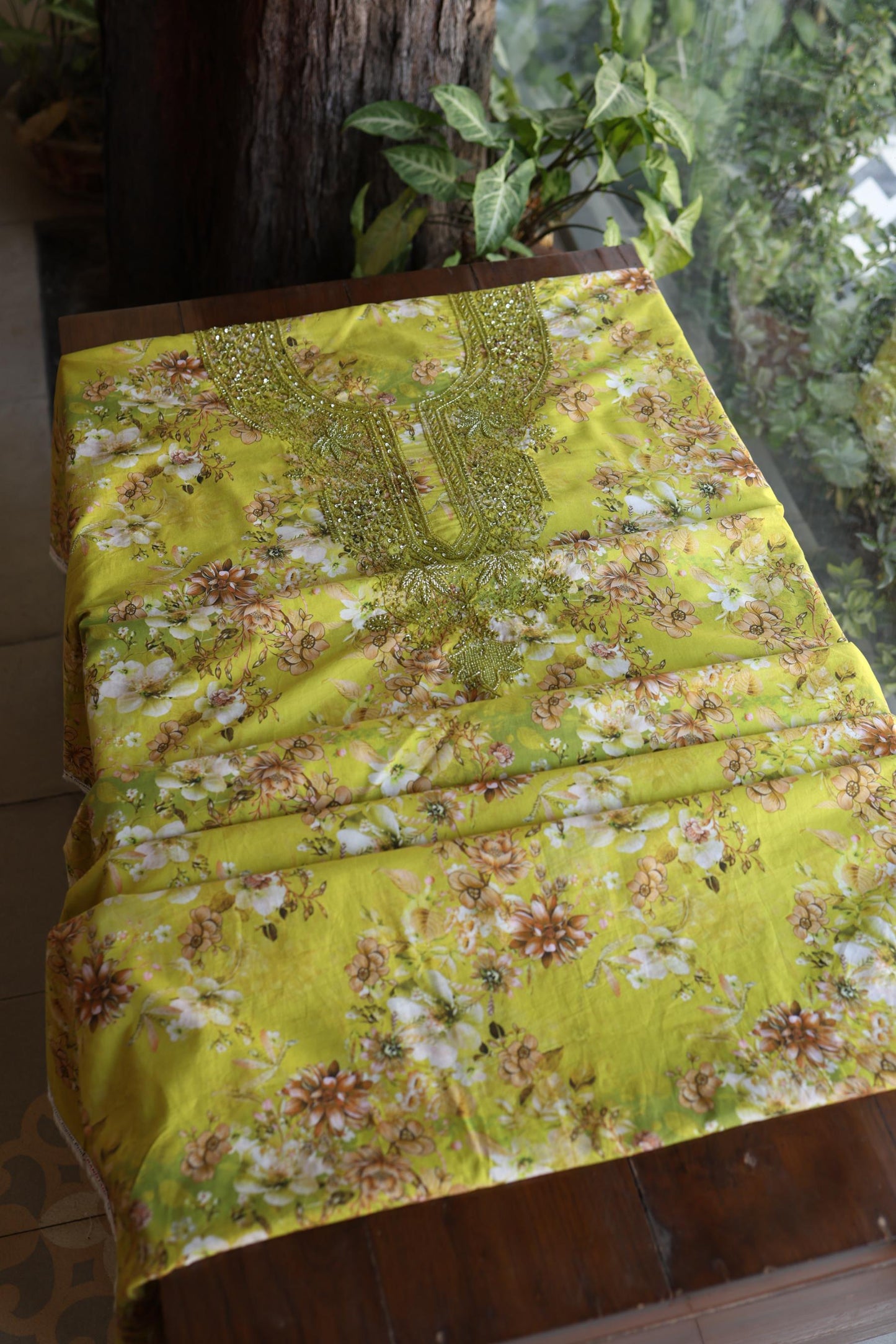 Avocado Green Floral Cotton Kurta Fabric with Chikankari & Sequin Work