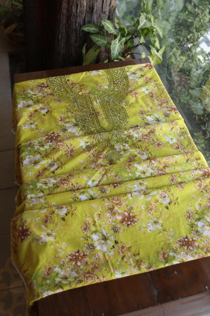 Avocado Green Floral Cotton Kurta Fabric with Chikankari & Sequin Work