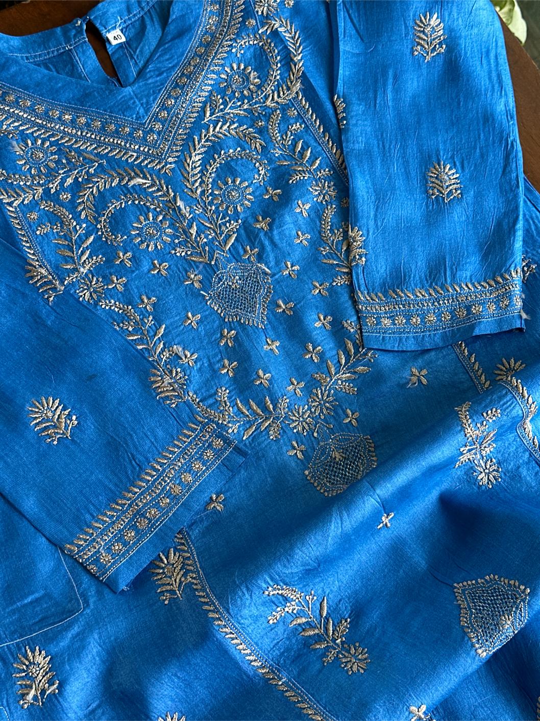 Azure Blue Shade Mulberry Silk Resham Chikankari Kurta