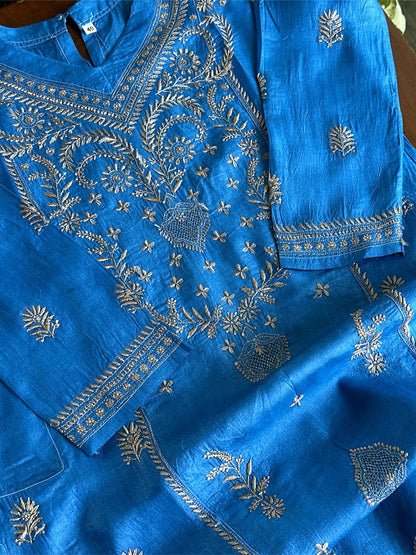 Azure Blue Shade Mulberry Silk Resham Chikankari Kurta