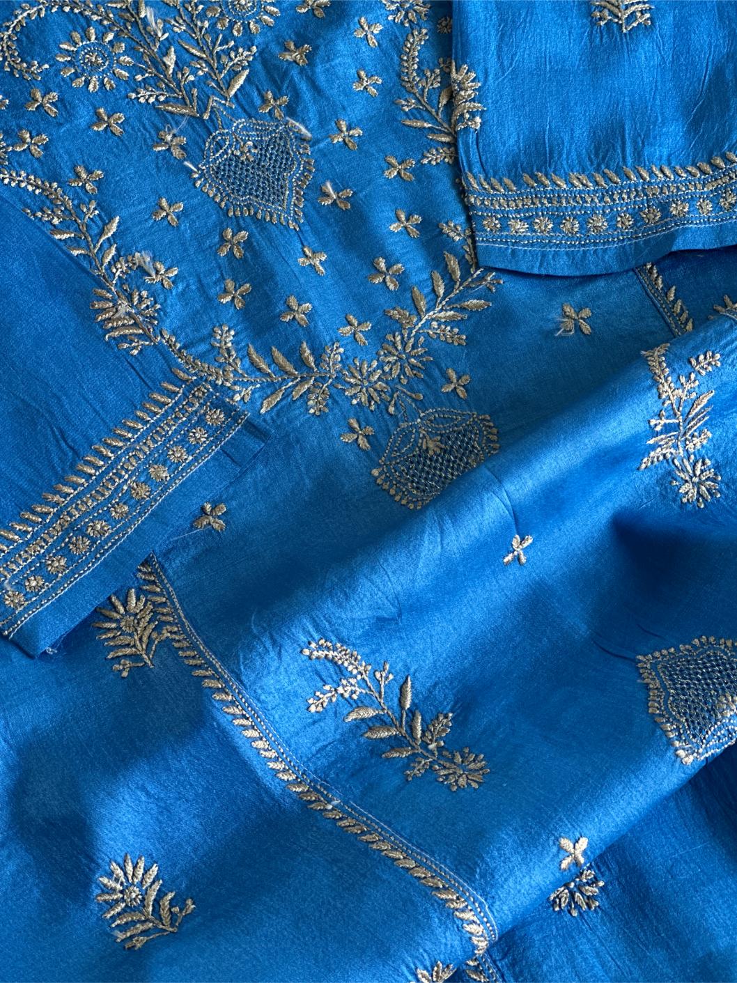Azure Blue Shade Mulberry Silk Resham Chikankari Kurta