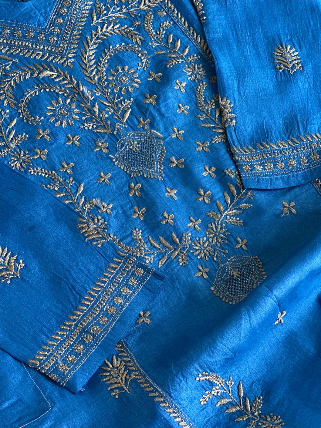 Azure Blue Shade Mulberry Silk Resham Chikankari Kurta