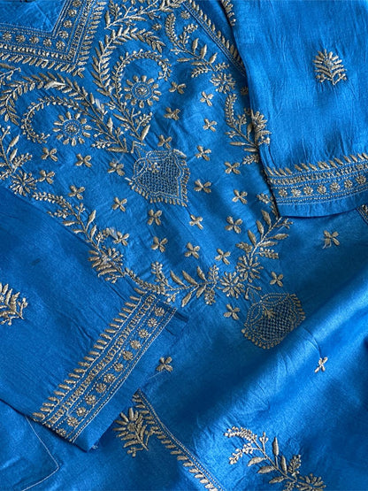 Azure Blue Shade Mulberry Silk Resham Chikankari Kurta