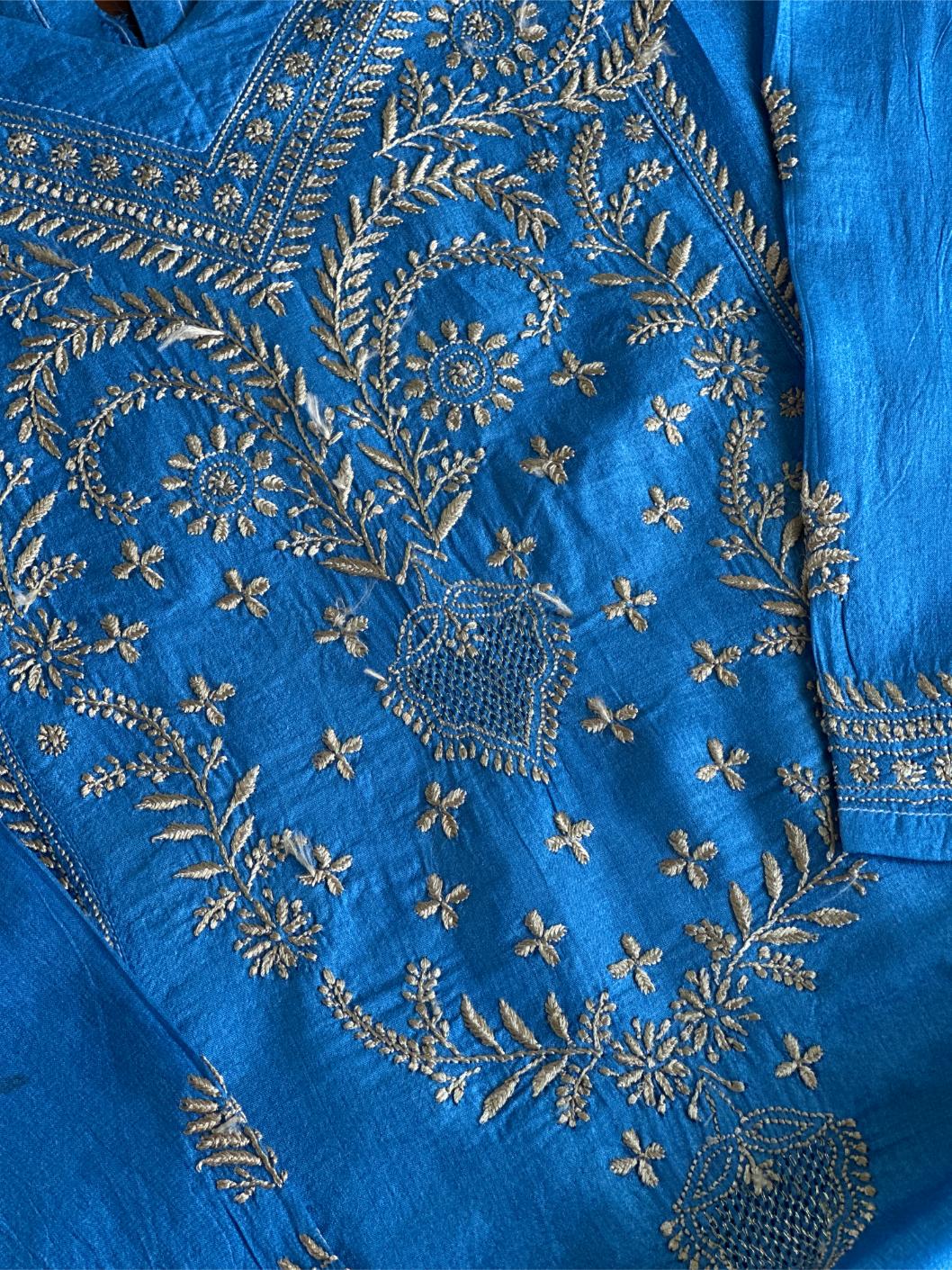 Azure Blue Shade Mulberry Silk Resham Chikankari Kurta
